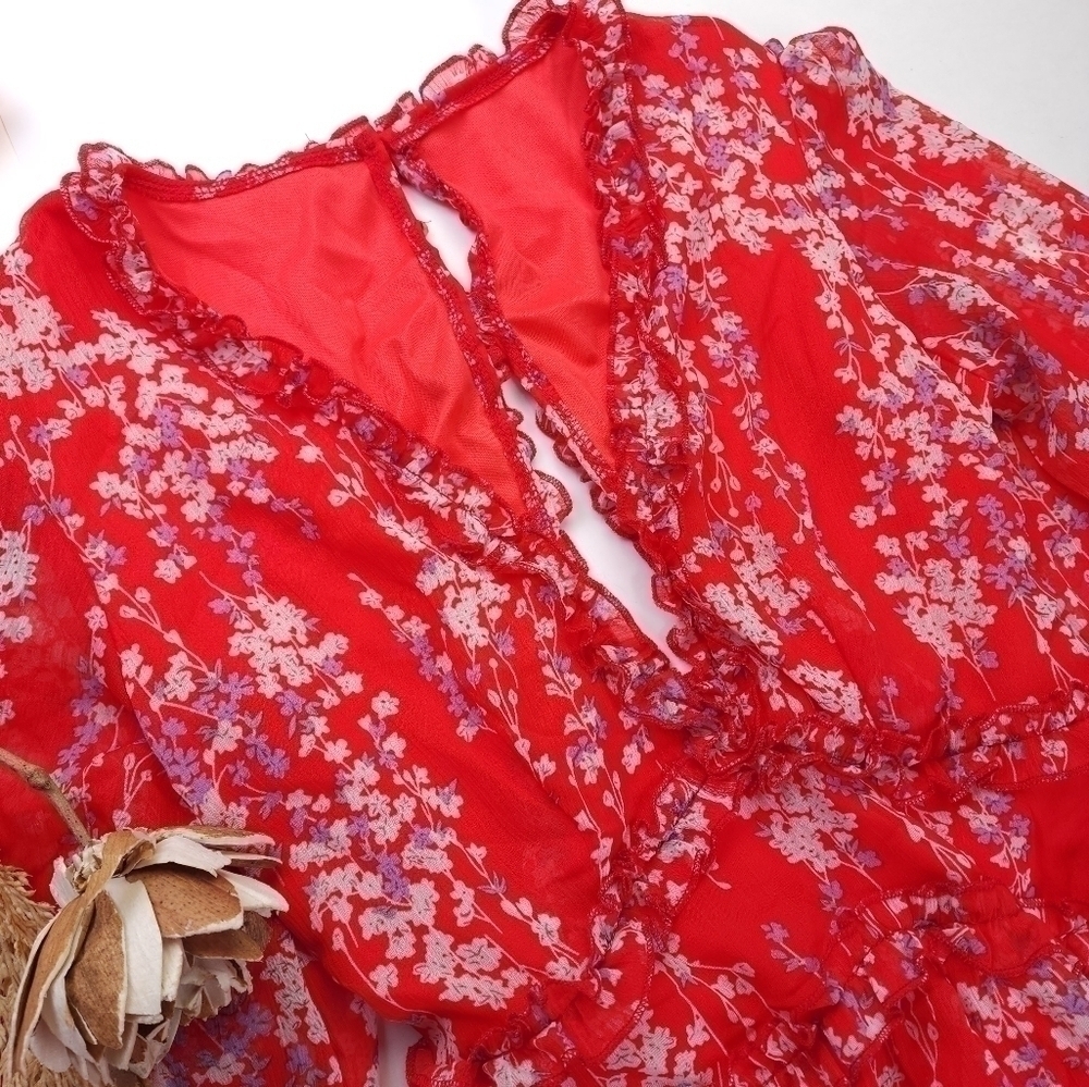 Red Pink Floral Boho Gorgeous Keyhole Back Dress Size M - Picture 5 of 14